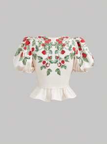 SHEIN MOD Blouse à manches bouffantes avec motif de fraise et nœud papillon, tenue de villégiature pour femmes, thé, t-shirts amusants, vacances de printemps, printemps/été pour femmes, blouse de brunch, hauts d'été mignons, tenue occidentale pour femmes, concert country pour femmes/rave, bohème, volants - Multicolore - Voir 2