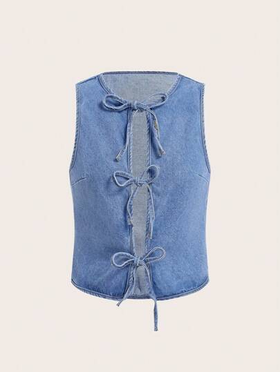 MISSGUIDED Tie Detail Open Front Sleeveless Denim Top