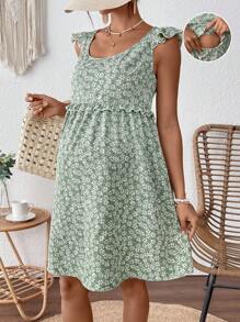 SHEIN Maternity Ditsy Floral Cap Sleeve Dress, Suitable For Vacation - Green - View 7