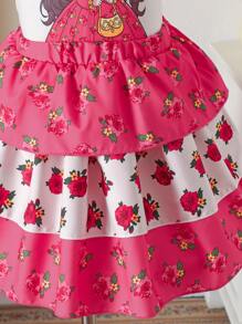 Young Girl Cartoon Print Short Sleeve Top & Tiered Ditsy Floral Skirt 2 Pieces Set - Multicolor - View 7