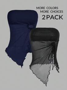 SHEIN PETITE Lettuce Trim Drawstring Sides Asymmetrical Hem Asymmetrical Two Pieces Top - Navy Blue - View 10