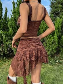 SHEIN EZwear 女士春夏两件套透明露背吊带上衣和棕色荷叶边半身裙套装，蕾丝丝带，音乐节派对，Y2K，牛仔女郎，度假，海滩装，Y2K - 棕色 - 查看 2