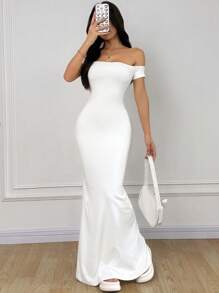 SHEIN EZwear Elegante vestido largo de sirena blanco con hombros descubiertos y ajustado para mujeres, vestido de verano, atuendos para vacaciones, playa, Y2K, festival de música