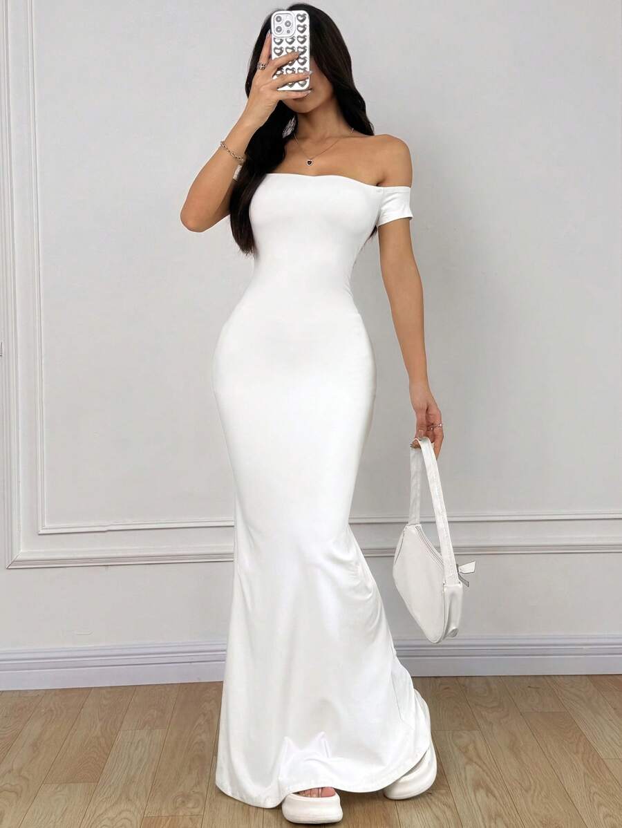 SHEIN EZwear 优雅露肩修身白色美人鱼裙女式长裙女式夏季连衣裙、度假装、沙滩装、Y2K 装、音乐节装 - 白色 - 查看 1