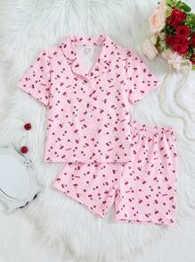 2pcs/Set Young Girl Cherry Pink Fabric Short Sleeve Top & Casual Shorts Pajamas Pj Set Young Girls Clothing Sets Summer Clothes - Pink - View 4