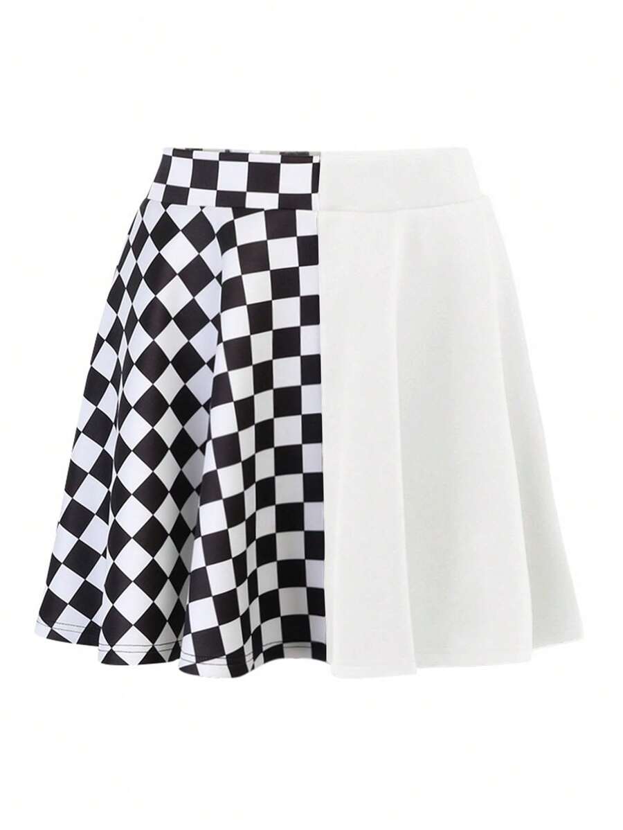 SHEIN EZwear Plus Size Summer Casual Checkered Patchwork Skirt - Black and White - View 1