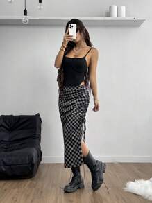 Coolane Women's  Fall/Winter Athleisure Slit Slim Checkerboard   Drawstring  Skirt