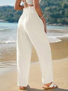 SHEIN Frenchy Women's Solid Color High Waist Button Design Casual Pants White Summer - White - View 3