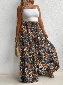 SHEIN LUNE Pantaloni palazzo larghi a vita alta con laccetto e motivo floreale ditsy, per look vacanziero di taglie comode