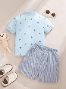 Souflis Souflis New Toddler Boys Summer Simple Fashion Polo Shirt With Ribbed Collar And Cuffs, Cute Boat Print And Striped Shorts, Stylish Suit - Multicolor - View 2