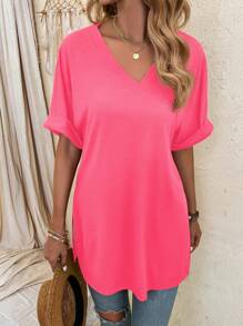 SHEIN LUNE 女士纯色 V 领短袖休闲宽松 T 恤