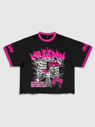 Street Life Camiseta de corte recto estampada con bordes sin terminar, de estilo suelto para hombres