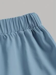 SHEIN EZwear 2pcs/Set Casual Solid Color Ruched Bodycon T-Shirt And Cargo Pants Outfit - Dusty Blue - View 4