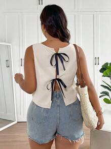 SHEIN Frenchy Plus Size Casual Bowknot Color Blocking Strap Camisole - Apricot - View 5