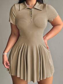 Flirla Plus Size Simple Casual Solid Color Lapel Waist Mini Dress - Khaki - View 4
