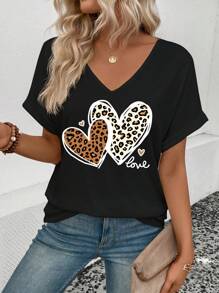 SHEIN Dames V-hals korte mouwen casual luipaard hart print T-shirt, veelzijdige lente/zomer