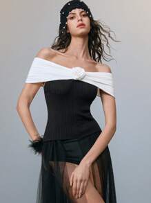 SHEIN LUNE Sexy Off-Shoulder Women's Knit Top With Black And White Contrast And 3D Floral Details, Slim-Fit Women's Sweater Knit Pullover Fall Winter - Black and White - View 8