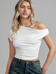 Easelle Áo thun nữ cổ tròn trơn màu đơn sắc, mùa hè - trắng - Xem 7