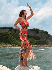 Opulessa Femme 2 pièces set : Top court imprimé tie-dye et jupe, ensemble de vacances , tenues de vacances pour femme, tenues de vacances à la plage, vêtements de vacances tropicales pour femme, tenues d'été pour femme, quotidien, femme, convient pour la fête, le rendez-vous, le thé de l'après-midi, la tenue d'été, les vacances à la plage, le festival de musique - Multicolore - Voir 5