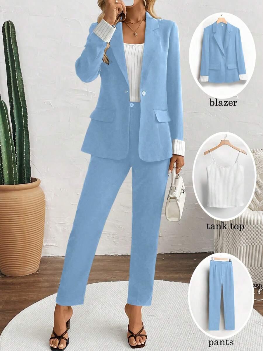 Chiquease Bộ 3 áo vest cổ ve áo kẻ sọc cho nữ, áo hai dây và quần âu - Màu xanh nhạt - Xem 1