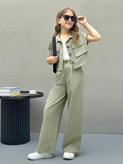 Firerie Kids Firerie Kids Nova Glow Tween 女童休闲街头风格平纹梭织短袖上衣和直筒裤两件套服装