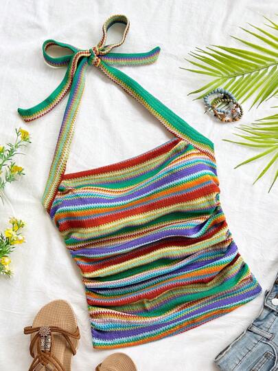 Soleia 여성용 컬러 블록 스트라이프 할터넥 탑, 휴가, 데이트, 애프터눈 티, 음악 페스티벌에 어울리는 피팅된 보헤미안 레트로 스타일