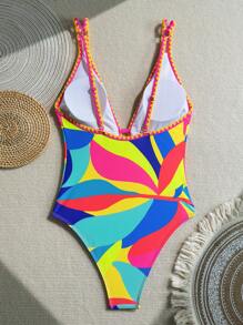 BamGleam Casual Minimalist Multicolor Print One-Piece Swimsuit, For Summer Beach Vacation