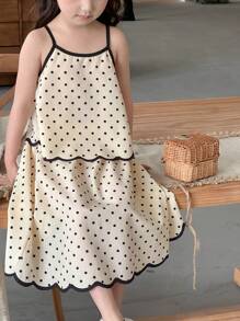 Dazy Kids 2pcs/Set Young Girl Polka Dot Sleeveless Top And Skirt Set, Summer Vacation - Apricot - View 5