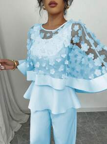 Elenzga Standard Size Women's Round Neck Butterfly Cape Decor Mesh Patchwork Top And Solid Straight Pants Two Pieces Set - Blue - View 4