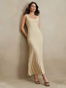 Anewsta Spring, Summer, Elegant, Vacation, Date Night, Beach, Sun Dress Women Square Collar Solid Mermaid Hem Sleeveless Bodycon Maxi Knit Dress - White - View 4