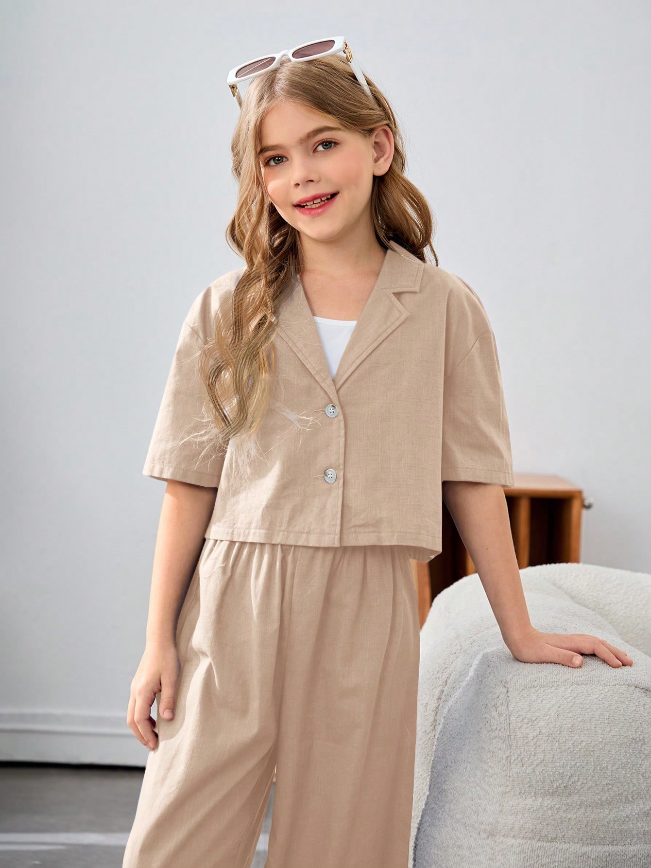 SHEIN بدلة كاجوال مكونة من بلوزة لامعة طويلة الأكم...