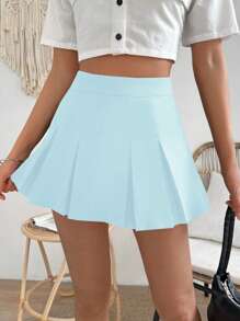 Chiquease 夏季休闲纯色高腰百褶迷你裙