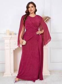 SHEIN Clasi Plus Size Women Solid Color Round Neck Split Sleeve Waist Twist Elegant Dress - Red Violet - View 4