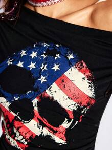 ROMWE Avant Camiseta sexy asimétrica con estampado de calavera para el Día de la Independencia, festival de música retro Y2K para mujeres
