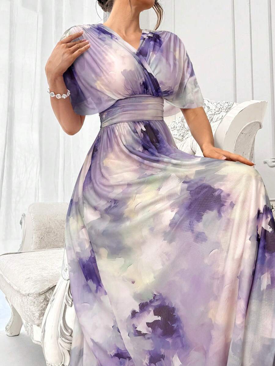 Modelyn 女士优雅长款花卉印花蝙蝠袖连衣裙，夏季长款晚礼服 - 紫色 - 查看 1