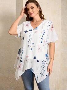 EMERY ROSE Plus Size Women's Floral Print Asymmetric Hem V-Neck Button Up Blouse With Lining - White - View 5