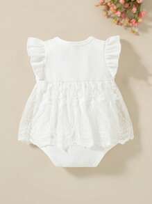 SHEIN 女婴蕾丝刺绣荷叶边连体衣，可爱公主风新生儿连体衣，按扣闭合，夏季