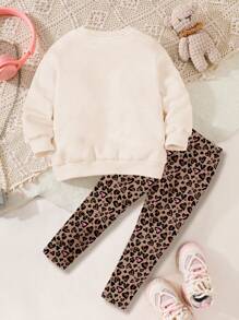 SHEIN 豹纹心形图案女婴休闲针织厚柔软圆领长袖运动衫配紧身裤，适合秋冬季 - 彩色 - 查看 2