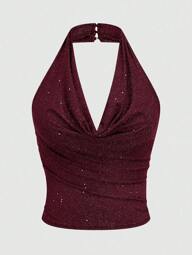 Vibekara Damen Große Größen Glänzend drapiertes Neckholder-Top