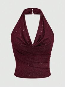 Sweetra Top halter con cuello drapeado brillante para mujer talla grande