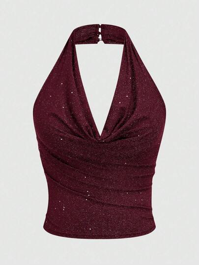 Sunspun Plus Size Women Shiny Draped Neck Halter Top