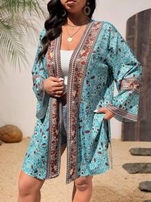 SHEIN Clasi 大码休闲碎花喇叭袖夹克 - 綠色 - 查看 4