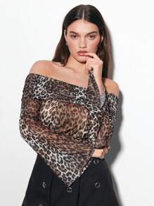 Maija Plus Size Women's 2025 New Leopard Print Off The Shoulder Top,Brown Autumn Night Out Club Rave Top,Old Money Style Business Casual Concert - Multicolor - View 1