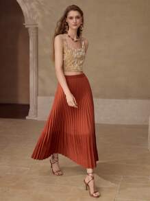 MOTF PREMIUM 拼色百褶裙 - 鏽棕色 - 查看 1