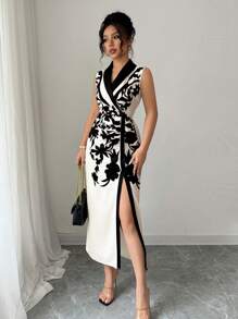 Elenzga 女式植物印花领无袖优雅连衣裙 - 彩色 - 查看 5