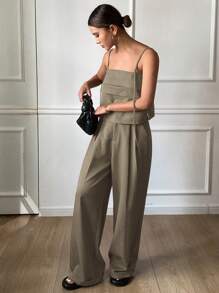 DAZY 2pcs Set Old Money Summer Solid Color Fitted Camisole & Wide Leg Pants For Women - Light Grey - View 4