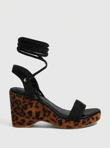 CUCCOO SZL 女士黑色豹纹坡跟厚底凉鞋，性感交叉带女士凉鞋
