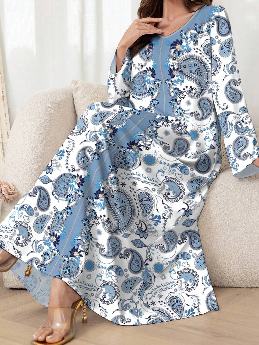 Al Najma 女士优雅佩斯利印花宽松中长连衣裙 - 卡其色 - 查看 1