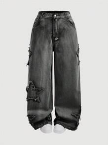 SHEIN MOD Plus Size Women Frayed Edge Star Pockets Wide Leg Loose Casual Jeans