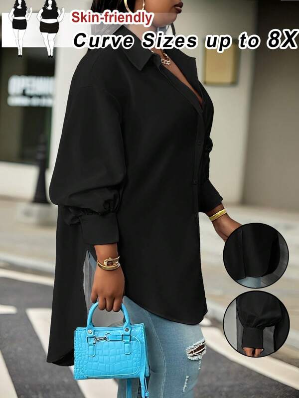 SHEIN CURVE+ Plus Size Spring White Long Lantern Sleeve Shirt